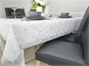 Obrus plamoodporny DE LUX LŚNIĄCE GAŁĄZKI srebrne z mankietem