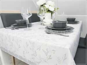 Obrus plamoodporny DE LUX LŚNIĄCE GAŁĄZKI srebrne z mankietem