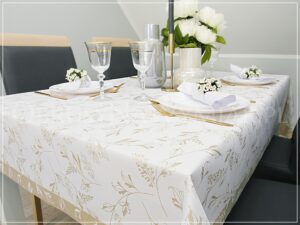 Obrus plamoodporny DE LUX LŚNIĄCE GAŁĄZKI złote z mankietem