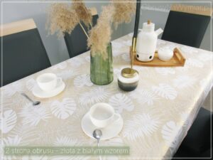 Obrus plamoodporny DE LUX MONSTERA ZŁOTA Z MANKIETEM
