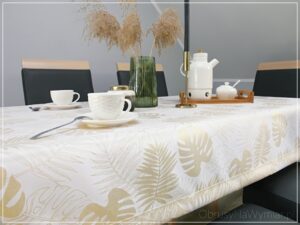 Obrus plamoodporny DE LUX MONSTERA ZŁOTA Z MANKIETEM