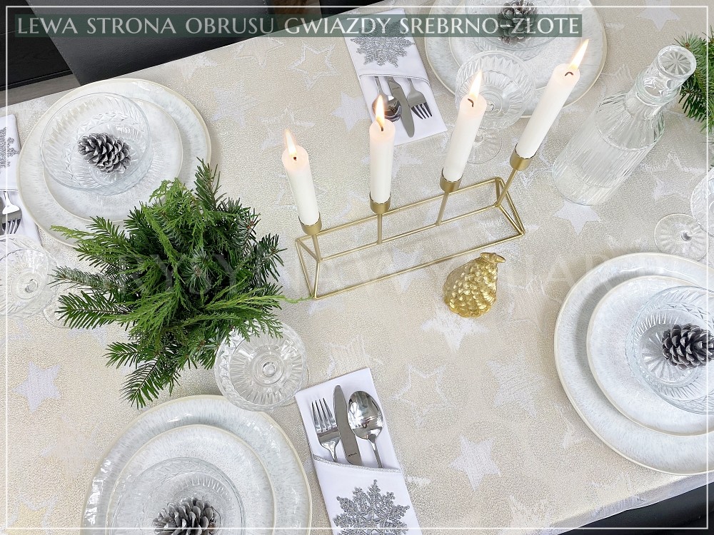 Obrus plamoodporny GWIAZDY SREBRNO-ZŁOTE Z MANKIETEM