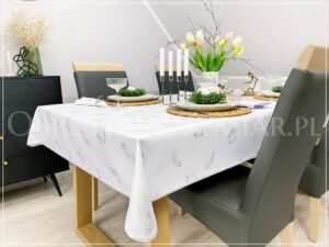 Obrus plamoodporny SREBRNE PISANKI Z PIÓRKAMI wykończony srebrną lamówką