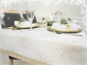 Obrus plamoodporny MAGIA ŚWIĄT Z MANKIETEM, kolor biało-złoty