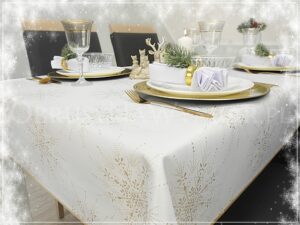 Obrus plamoodporny MAGIA ŚWIĄT wykończony złotą lamówką, kolor biało-złoty