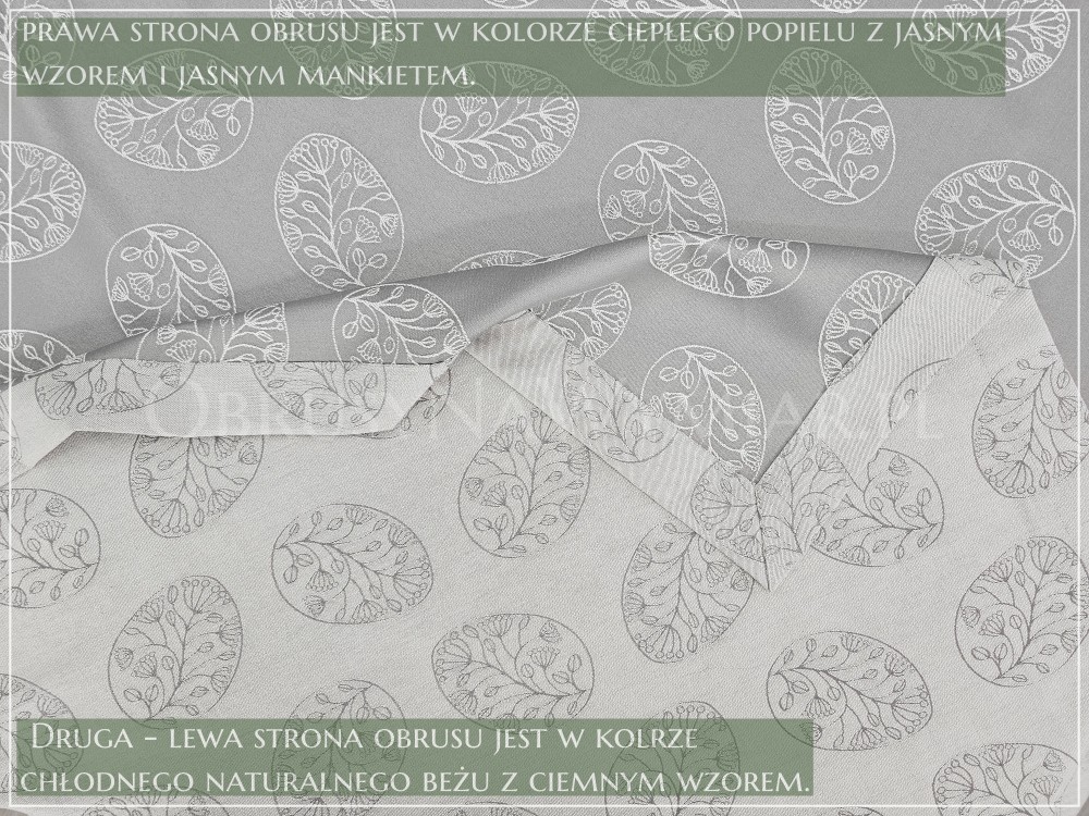 Obrus wielkanocny PISANKI NATURA ciepły popiel z jasnym mankietem PREMIUM