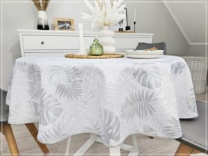 Obrus plamoodporny DE LUX MONSTERA SREBRNA wykończony srebrną lamówką
