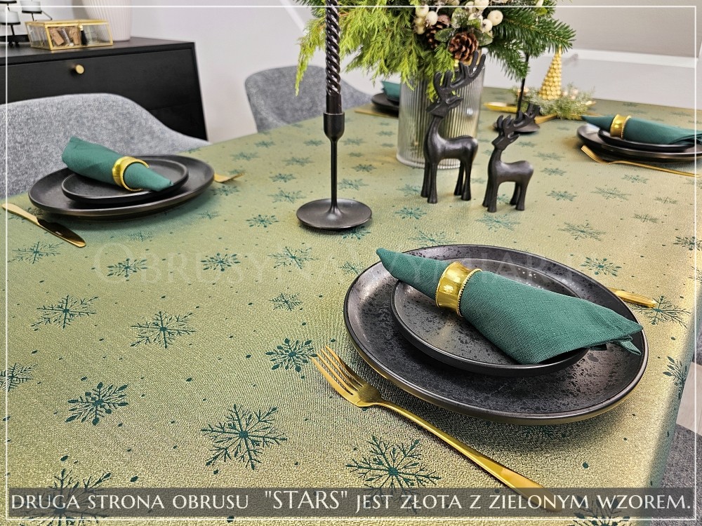 Obrus plamoodporny STARS Z MANKIETEM, kolor zielono-złoty