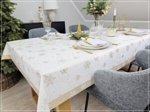 Obrus świąteczny STARS Z MANKIETEM, kolor biało-złoty