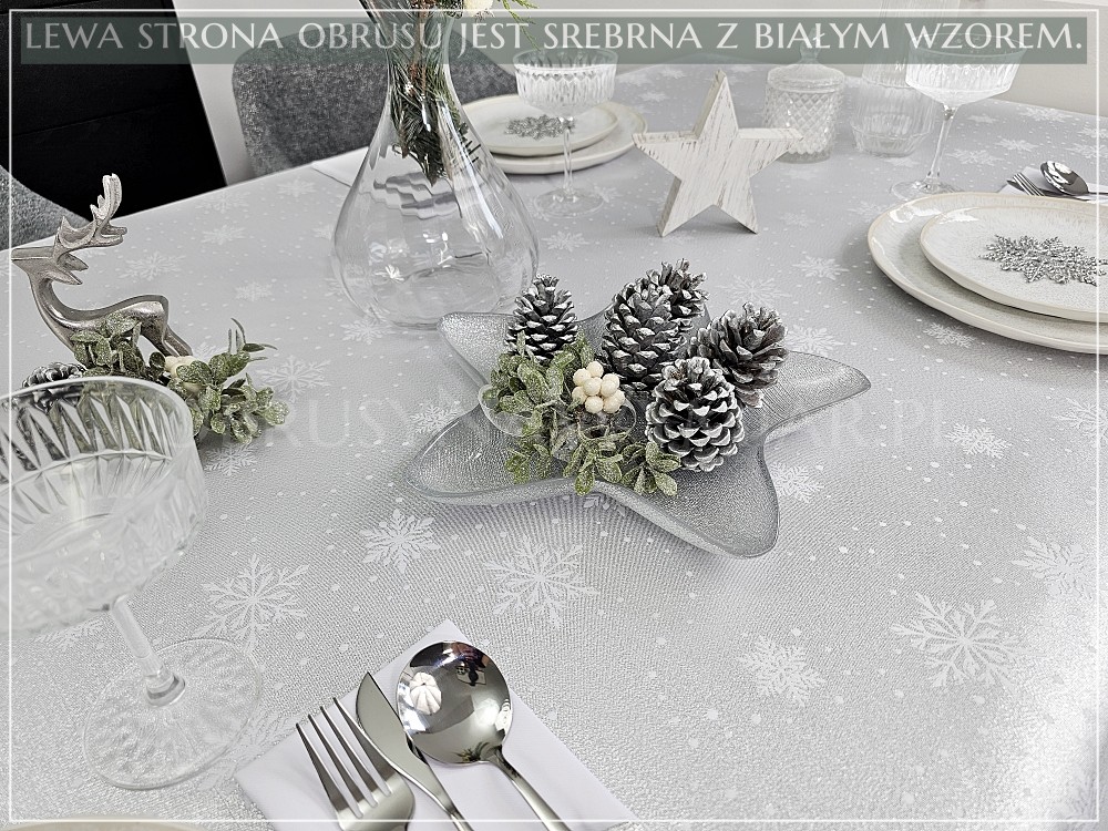Obrus świąteczny STARS Z MANKIETEM, kolor biało-srebrny