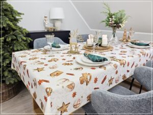 Obrus plamoodporny WOODEN STORY wykończony złotą lamówką