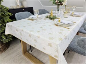 Obrus świąteczny STARS wykończony złotą lamówką, kolor biało-złoty 115x270 prostokąt - na zamówienie