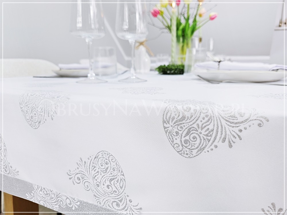 Obrus wielkanocny ROYAL EASTER SREBRNY wykończony mankietem