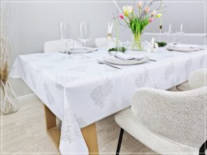 Obrus plamoodporny ROYAL EASTER SREBRNY wykończony srebrną lamówką